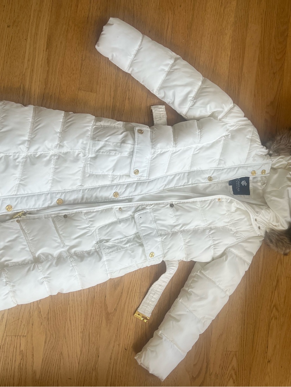 Rocawear White Quilted Long Puffer Coat with Belt & Faux Fur Trim